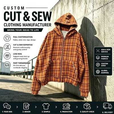 Wholesale Custom Logo Plaid Cropped Full Zip Hoodie Distressed Raw Hem Hooded Streetshirt Clothing Manufacturer