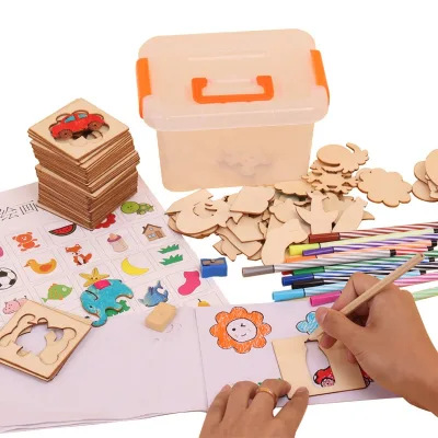 Color Painted Drawing Tool Set Creative 52pcs Wooden Template for Kids Painting Training