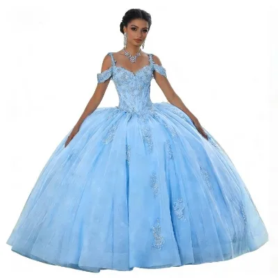 Light Blue Straps Princess Ball Gown Quinceanera Dress Vintage Off-Shoulder V-neck Lace Applique Birthday Party Gown Customized
