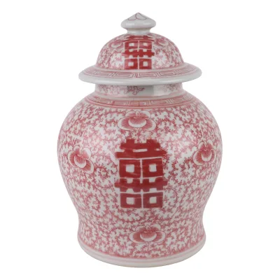 RZSi46-K Underglazed Red Leaf Pattern Happiness Letter Ceramic Flower Pot Lidded Jars Urns Vase for Home Decoration