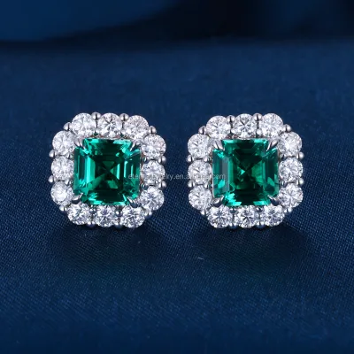 Luxury Female S925 9k 10k Gold Square Sterling Silver Wedding Vintage Moissanite Prom Emerald Green Stud Earring for Women