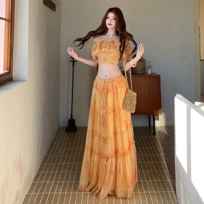 Beautiful Yellow Black Ink Luxurious Cute Sexy Maxi Dress Women's Summer Skirt Spring Autumn Atmosphere Feeling Seaside Holiday