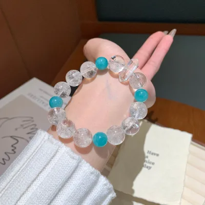 Natural 10mm white crystal paired with aquamarine single bead women's bracelet, fashionable and fresh multi-bead bracelet