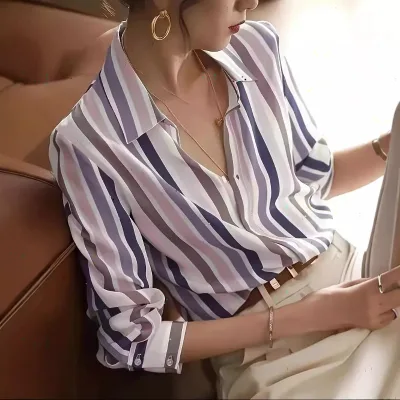 Cross-border Foreign Trade Color-block Elegant Striped Shirt Women's 2026 Spring/Summer New Niche Retro Lapel Loose Shirt
