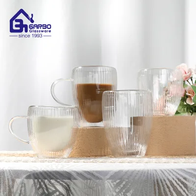 Promotion Stripe Designed 350ml/12oz Double Wall Clear Insulated Borosilicate Glass Mug for Coffee Latte Tea Milk for Business