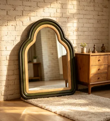 Two-tone Solid Wood Frame Arch Castle Wall Mirror, Vintage Irregular Decor Mirror for Entryway Bedroom Home Decor