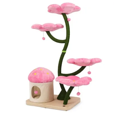 Modern Wooden Cat Tower Floral Cat House Tree Climbing Structure Sustainable Sisal and Suede Material