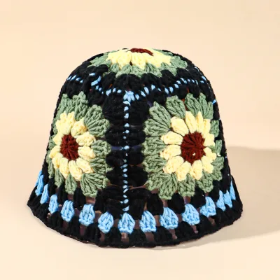2025 Luxury Summer Bucket Sun Hat for Women Handmade Black Crochet Knit Embroidered Pattern Custom Logo Jersey Fabric for Travel