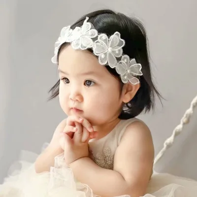 Wholesale Hot Sale White Retro Baby Girls' Hairband Crystal Lace Head Band Bow Headwear 0-3 Year Flowers Kids Headband