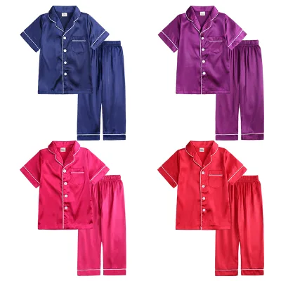 High Quality Kids Tales Boys Pajama Sets Short Sleeve Loungewear Children Silk Satin Pajamas Set