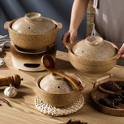 Double-Handle Speckled Coarse Earthenware Casserole Ceramic Pot for Open Flame Home Hotel Use