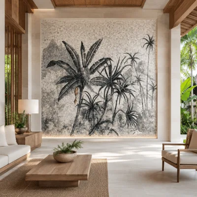 Handmade Natural Stone Mosaic Mural Palm Tree Pattern Wall Art for Bathroom Home Hotel Living Room Background Wall Decor