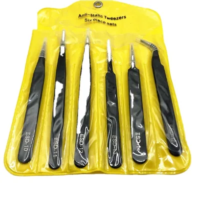 6-piece set of stainless steel tweezers ESD yellow bag pointed nose tweezers 1mm disassembly and repair tool