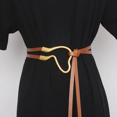 Women Thin Leather Wrap Tie Belt Curved Metal Buckle Fashion Decorative Waist Belt for Dresses Custom Logo Wholesale OEM