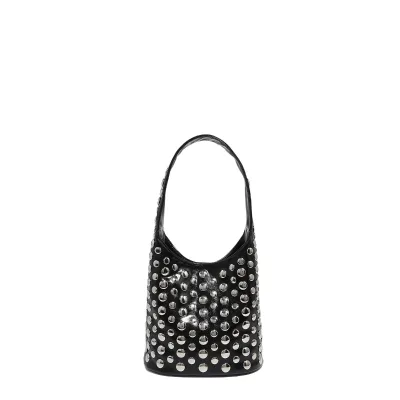 Retro Black Studded Handheld Bag, Vintage Bucket Tote with Metal Accents for Casual Wear