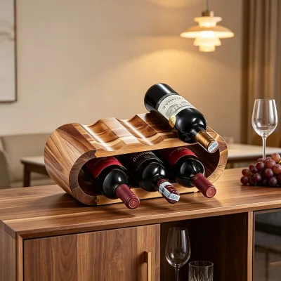 Modern Rectangle 8-Bottle Free Standing Wood Countertop Wine Rack Acacia Storage Stand with Beverage Tubs for Parties Durable