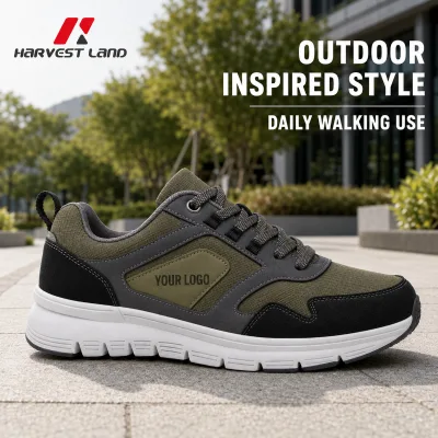 Outdoor Walking Shoes Reinforced Upper Olive Lifestyle Trainers Layered Textile Structured Urban Park Private Brand Factory