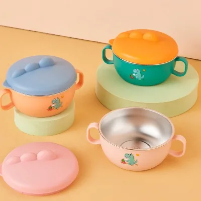 New Little Dinosaur Baby Feeding Bowl 316 Stainless Steel Insulated Cartoon Pattern Children's Spoon Noodle Bowl