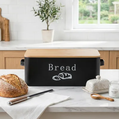 Bamboo Bread Box Vintage Steel Kitchen Counter Storage Container Bread Packaging Box Customizable Style and Color