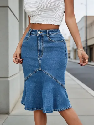 Women's Denim Mermaid Skirt High Waist Stretch Fishtail Midi Ruffle Flared Hem Spliced Bodycon Jeans Blue Black Lady Bottoms