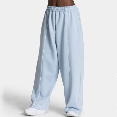 Latest Design Baby Blue Casual Oversized Wide Leg Mid Rise Corduroy Joggers with Piping Details Women's Sweatpants
