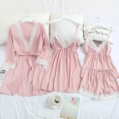 Wholesale 3PCS Satin Thermal Breathable Plus Size Women Adult Bathrobe Pyjamas Embroidered Knee Length Dressing Gown