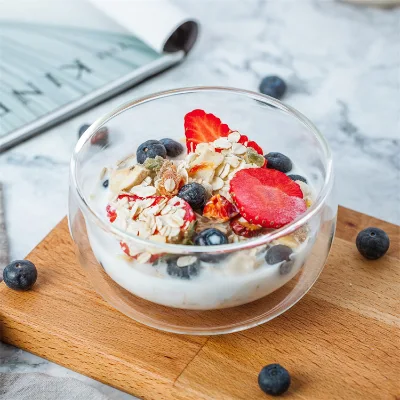 Double Wall Glass Breakfast Bowl Insulated Clear Yogurt Dessert Fruit Cereal Bowl With Strawberry Blueberry Oats Serving Bowl