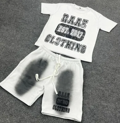 Wholesale Summer Acid Wash Two-Piece Set Custom Logo Printed Cropped T-Shirt Shorts Unisex Screen Printing Men's Tracksuit