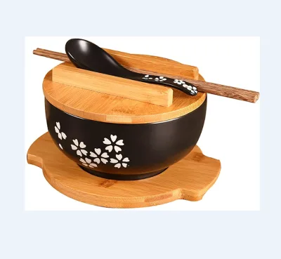 Japanese Cuisine Bowl Set with Wooden Lid Ceramics Sakura Ramen Bowl Ceramic Instant Noodle Salad Soup Rice Bowl