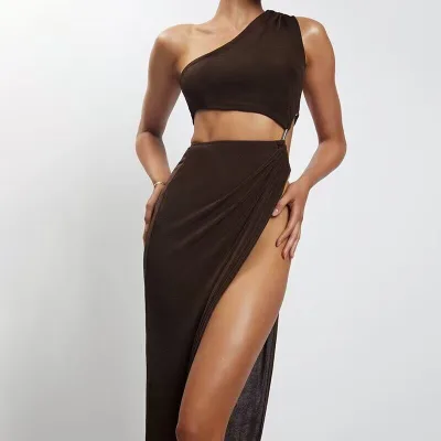 New Design High Quality Sexy Oblique Shoulder Slit Two Piece Set Sleeveless Corset Dress Elegant Dresses