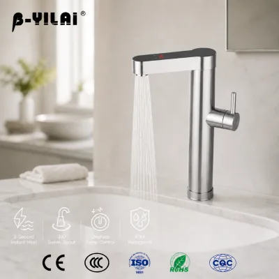 Electric Instant Water Heater Faucet Tankless 3000W Brushed Stainless Tall Cylinder Square Spout Red Display Lever Basin