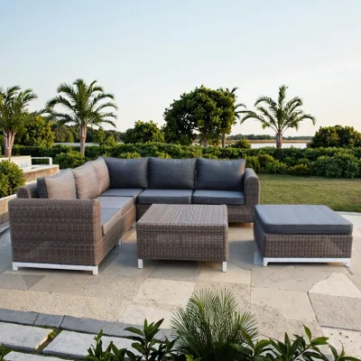 Hot Selling Brown PE Rattan Furniture Outdoor Patio Villa Sofa Patio Furniture Weather Resistant Garden Sofa with Blue Cushion