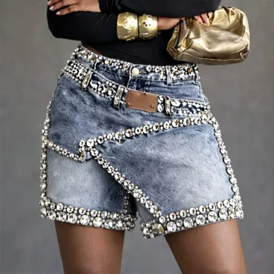 European American Womens Diamond-embellished Faux Skirt Shorts Retro Washed High-waisted Straight-leg Lolita Style Denim