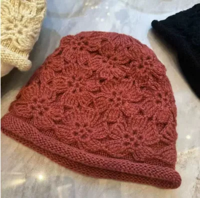 Wholesales Handmade Crochet Sunflower Border Knitted Hat for Women Thick and Warm Ear Cover Hat