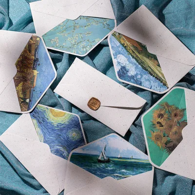 Luxury Vintage Van Gogh Oil Painting Book Cover Plant Linen Pattern Envelope Hard Cover Art Paper Folded Leaflet Binding Gift