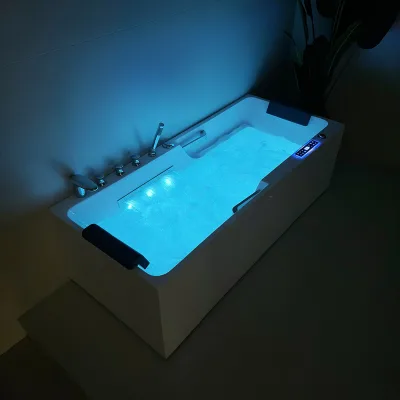 Smart Luxury Modern Freestanding Acrylic Whirlpool Bath with Dual Pillows Waterflow Massage and Built-In Drainer for Hotel Use