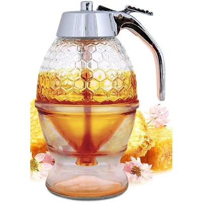 Honey Comb Shaped Honey Pot with Honey Dispenser or Honey Jar with Stand