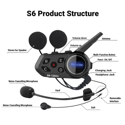 EUROFONE 6-Rider Motorcycle Helmet Use Intercom Noise Cancellation 1200m Long-Distance Communication IP67 12-Month Warranty New