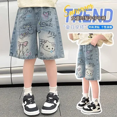 Girls' Summer Thin Denim Cartoon High Waist Wide-leg Five-point Pants Shorts Big Children's American Graffiti