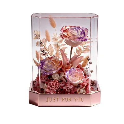 Transparent Acrylic Octagonal Gift Box with Mirrored Base Custom Preserved Flower Display Rose Gold