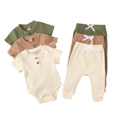 Summer Toddler 2-Piece Cotton Breathable Ribbed Romper Pants Clothing Set