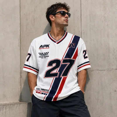 Custom Racing Mesh Jersey Motorsport Style V Neck Number Printed Vintage Streetwear Shirt
