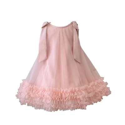 2025 Summer New Girls' Casual Dress with O-Neck Collar and Lace Decoration Solid Pattern Bow Sling Skirt Birthday Gown