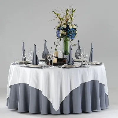 Premium Polyester Cotton Tablecloth Set, White Overlay & Grey Base with Napkins