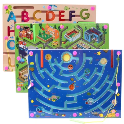 Wood Magnetic Pen Bead Maze Toy City Traffic Letter Children's Parent-Child Interactive Game for 5-7 & 7-12 Years