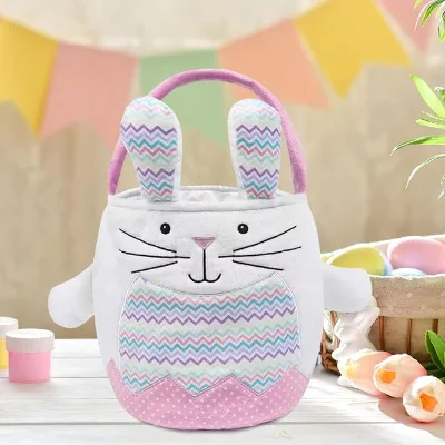 Personalized Embroidered Name Plush Fabric Bunny Pink Blue Easter Basket Striped Basket