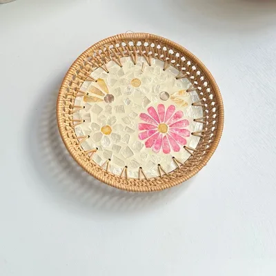 Natural Rattan Basket Nordic Light Luxury Style Rattan Shell Binaural Storage Tray Creative Oval Round Fruit Basket for Home Use