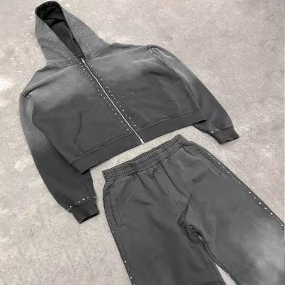 Men's Custom Oversized  Full Zip up Hoodie Pants Set Wholesale Acid Washed Tracksuits with Rhinestone Winter Crop Hoodie for Men
