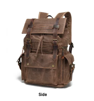 Men's Casual Retro Waxed Canvas Backpack Water-Resistant Draw String Bag for Outdoor Laptop Travel School Fashionable Design