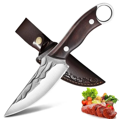 Hand Forged Camping Knife Survival Hunting Fixed Blade Belt Knife Outdoor With Leather Pouch Boning Knife 4.5 Inch